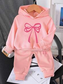 SHEIN Bộ 2 áo nỉ có mũ trùm đầu thường ngày cho bé gái có thiết kế nơ dễ thương, bộ đồ nỉ dài tay có mũ trùm đầu thoải mái, phù hợp cho mùa thu/đông/xuân - Hồng - Xem 3