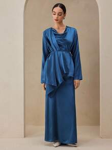 Graceveil 2件套女式吊领塔夫绸束腰长裙套装 - 藍色 - 查看 3