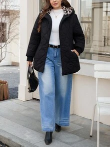 SHEIN LUNE Áo khoác mùa đông thời trang cỡ lớn bằng cotton có mũ trùm đầu dành cho nữ mặc vào mùa thu đông, Áo khoác dài thường ngày có mũ trùm đầu có khóa kéo, Mùa đông, Áo khoác chần bông lót họa tiết da báo tương phản, Áo khoác mùa đông chống lạnh và ấm áp, Mùa thu nữ, Áo khoác mùa đông nữ kiểu cũ, Áo khoác giữ nhiệt mùa đông cho nữ ngày lễ tạ ơn mùa thu đông ấm áp có cổ lông và mũ trùm đầu - màu đen - Xem 8