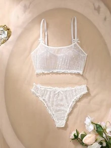 SHEIN 女士透明蝴蝶装饰细肩带性感内衣套装 - 白色 - 查看 3