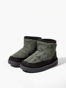 JNSQ 1 Pair Boys' Black & Green Flat Fashionable Casual Thermal Lined Slip-On Snow Boots, Comfortable For Winter Daily Outdoor Activities - Green - View 9