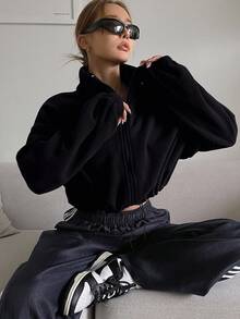 DAZY 女士立领下摆褶饰保暖内衬夹克，加厚冬季外套，秋季女装 - 黑色 - 查看 4