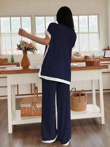 Lazeform Bộ đồ ngủ 2 món dệt kim màu trơn cổ chữ V tay ngắn và quần dài cho nữ - Màu xanh hải quân - Xem 2