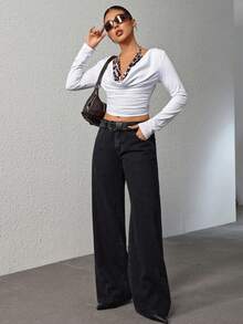 SHEIN PETITE 女士口袋宽松阔腿休闲百搭牛仔裤 - 黑色 - 查看 3