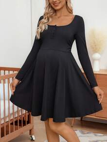 SHEIN Maternity Stylish Elegant Minimalist Button Half-Placket Long Sleeve Casual Dress - Black - View 7