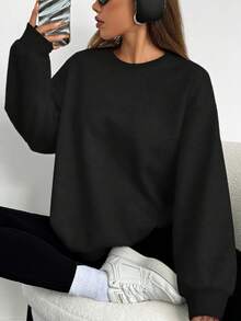 SHEIN EZwear Knitted Black Round Neck Basic Sweatshirt,Long Sleeve Tops In Fall/Winter - Black - View 3