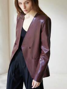 Aveloria Modichic Jaket Blazer Double-Breasted Longgar dari Kulit PU yang Elegan, Melangsingkan dan Bergaya - Burgundy - View 4