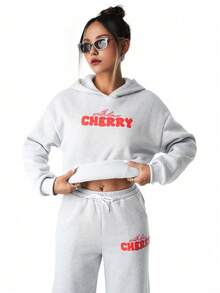 SHEIN Explorewe 青少年女孩休闲运动套装，两件套，樱桃字母印花连帽卫衣+宽松保暖连帽衫+长款运动裤