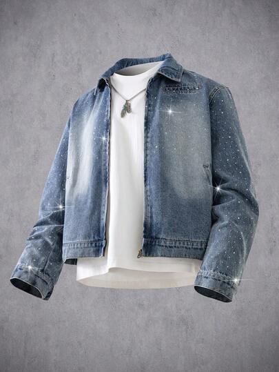 Manfinity Denimwave Distressed Vintage Rhinestone Denim Jacket, Loose Casual Denim Jacket For Men & Women Thick Rhinestone Blue Party Concert Denim Trucker Jacket For Y2K