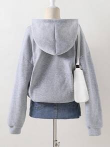 Sweetra Young Autumn/Winter Girls' Hooded Zip-Up Jacket With English Print - Contrast Letter Print Mix Street Style, Warm Knit Fabric Suitable For Autumn/Winter, Slightly Oversized Fit Allows Room For Growth, Energetic Campus & Street Style! - Grey - View 2