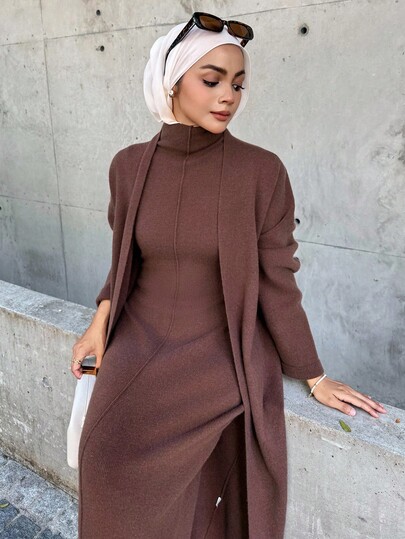 DAZY 2pcs/Set Women's Casual Solid Color Turtleneck Long Dress & Cardigan Sweater, Autumn