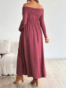 SHEIN Váy trễ vai trơn màu cho bà bầu, mùa thu - Đỏ - Xem 2