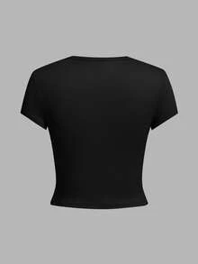 SHEIN EZwear 4 chiếc áo thun nữ cổ tròn tay ngắn màu đen, thoải mái, phù hợp cho mùa hè - màu đen - Xem 2