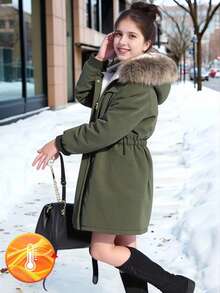 SHEIN 女童羽绒大衣,中长款,收腰,厚实,带帽,仿毛领,秋冬 - 軍綠色 - 查看 7