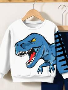 SHEIN 2 件套男童休闲宽松卡通动物、恐龙、涂鸦图案长袖运动衫和裤子运动套装，适合夏季穿着舒适 - 彩色 - 查看 6