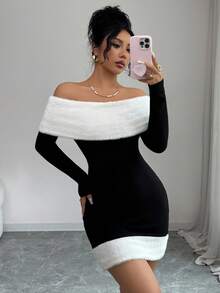 Modelyn Elegant Off Shoulder Knitted Fuzzy Color Block Mini Dress For Party, Autumn/Winter - Black and White - View 7