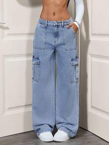 SHEIN Tall 女士时尚休闲百搭直筒工装牛仔裤 - 淺色水洗藍 - 查看 3