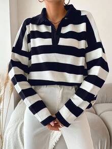 EURMUSE Plus Size Striped Pattern Drop Shoulder Polo Neck Drop Shoulder Sweater - Navy Blue - View 5