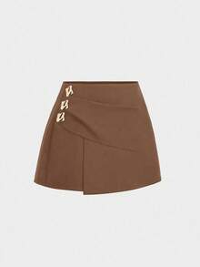 Sweetra Women's Fashion Metal Decor Mini Skirt Shorts - Coffee Brown - View 1