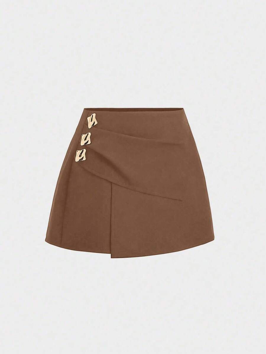 Sweetra Women's Fashion Metal Decor Mini Skirt Shorts - Coffee Brown - View 1