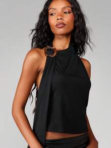 MISSGUIDED Halter Neck Sleeveless Top With Ring Detail And Open Back Design - Black - View 5