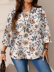 EMERY ROSE 大码女式休闲全身印花圆领宽松七分袖衬衫，秋冬 - 彩色 - 查看 7