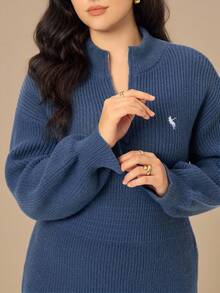 Juhart 大码女式纯色针织连衣裙，带海马图案，休闲毛衣裙，适合圣诞节、万圣节、返校季 - 寶藍色 - 查看 7