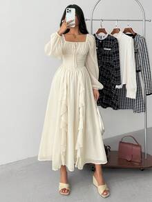 فستان أبيض متوسط الطول مع أكمام فانوس مكسرة وياقة مربعة، مناسب للبنات، فستان حفلة الشاي، مناسب لعيد الميلاد وحفلات الزفاف، فستان أنيق فرنسي بلون المشمش مع أكمام فانوس مكسرة، فستان لحضور حفلات الزفاف في الخريف، فستان عصر النهضة، فساتين حفلات التخرج