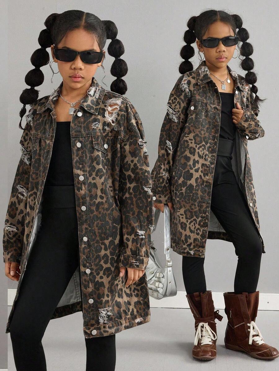 Tween Girls' Y2k Fashion Cool Leopard Print Denim Lapel Long Sleeve Distressed Ripped Long Jacket Fall Winter,For Girls Fall/Winter Dailywear Costume,Girls Streetwear Outfits,Halloween And Christmas Outfits,Girls Winter Jacket,Teen Jacket,Winter Clothes