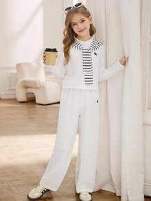 SHEIN Tween Girls Korean Stylish High-End Chic Spring/Autumn New Vintage Embroidered Cardigan, Wide-Leg Pants And Shawl 3 PiecesCasual Suit Set For Fall Winter - Multicolor - View 5