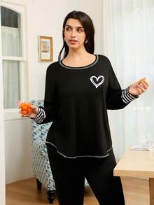 SHEIN Doze Lane Heart Print Patchwork Striped Print Casual Plus Size Pajama Set Fall Winter Clothes - Black - View 4