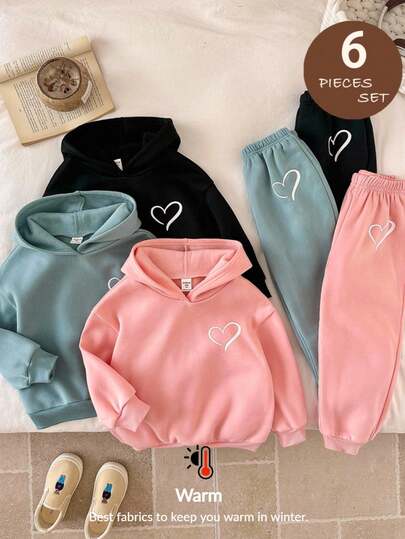 LMoss Kids LMoss 6pcs Young Girl Solid Color Heart Pattern Hooded Sweatshirt And Leggings Set,Sisters Outfit,Styles Comfortable Autumn & Winter,Cozy Fall & Winter Styles,Winter Clothes,Hoodie,Long Sleeve Top,Loungewear Set,Winter Set