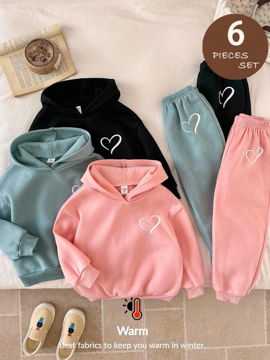 LMoss Kids Conjunto de moletom com capuz e leggings com estampa de corações, 6 peças, cor sólida, para meninas. Ideal para irmãs. Estilo confortável para outono e inverno. Roupa aconchegante para o inverno. Moletom com capuz, blusa de manga comprida, conjunto para ficar em casa. - Multicolorido - Ver 1
