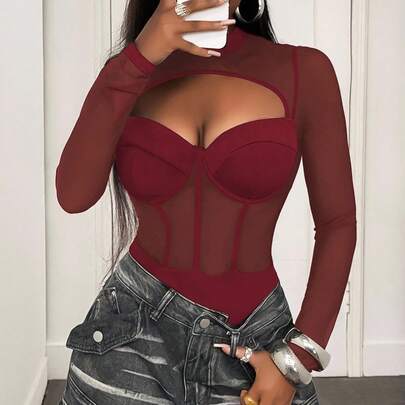 섹시한 컷아웃 언더와이어 가슴 컵 시스루 롱 슬리브 여성용 바디수트, 가을