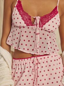 Aralina 女士睡衣家居服两件套，波点印花蕾丝边吊带背心和短裤套装，可爱圣诞睡衣，红色上衣，情人节 - 彩色 - 查看 6