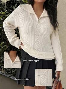 EMERY ROSE Women's Zip Collar Drawstring Pullover Sweater - Apricot - View 1