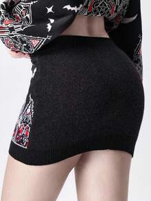 ROMWE Gothic Palace Castle Church Pattern Knitted Bodycon Mini Skirt - Black - View 3