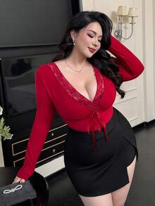 Vibekara 优雅撞色蕾丝V领长袖T恤，性感别致上衣，适合秋冬季 - 紅色 - 查看 5