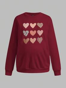 SHEIN Pregnant Women's Casual Heart Print Nursing Sweatshirt, Autumn Pregnant Clothes Maternity Sweatshirt Heart Print Sweatshirt Sweatshirts For Women - Burgundy - View 2