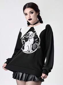 ROMWE Goth 女式撞色蝙蝠领猫咪印花运动衫 - 黑色 - 查看 3