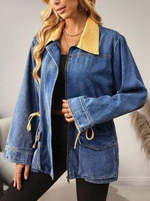 EMERY ROSE Chaqueta vaquera casual de mujer con cintura con cordón, otoño - Azul - Ver 4