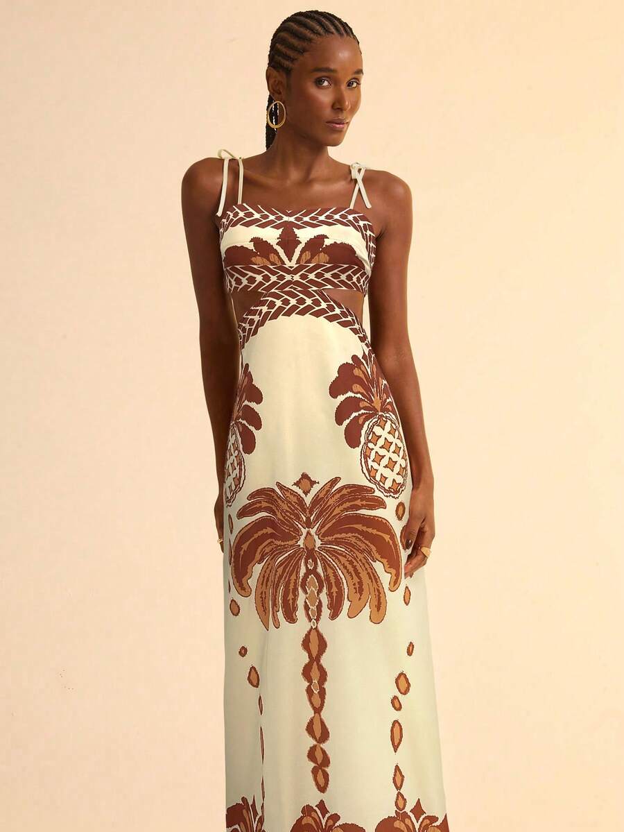 CAJUNI Women Boho Banana Tree And Pineapple Print, Hollow Waist Back Binding Sleeveless Pink Dress, Holiday Casual Summer Dress