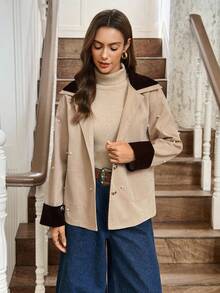 LanaWest Women's Khaki & Dark Brown Velvet Patchwork Collared Button-Up Long Sleeve Blouse With Pearl Decor, Casual Countryside Vacation, Thanksgiving & Halloween Vintage Vibe, Versatile Lightweight Jacket For Fall - Khaki - View 7