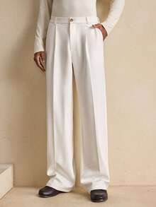 AKNOTIC Men's Solid Color Pleated Loose Straight Casual Pants - White - View 3