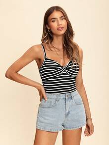 Coeurva Summer Beach Striped Twist Front Cami Corset Top - Black and White - View 6