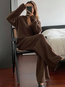 DAZY 女式宽松V领毛衣和裤子两件套，秋冬 - 棕色 - 查看 1
