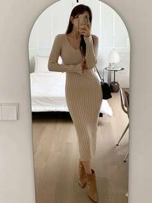 DAZY 女式法式复古毛衣裙，中长款，收腰，修身款，V领，长袖，秋冬 - 杏色 - 查看 5