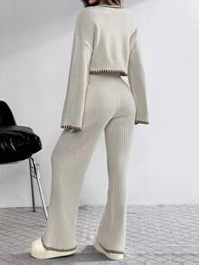 SHEIN EZwear 女式休闲浅灰色撞色镶边圆领长袖毛衣和裤子两件套，女式秋季服装 - 淺灰色 - 查看 2