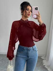 Elenzga Women's Elegant Chiffon Beaded Stand Collar Bodysuit - Burgundy - View 4