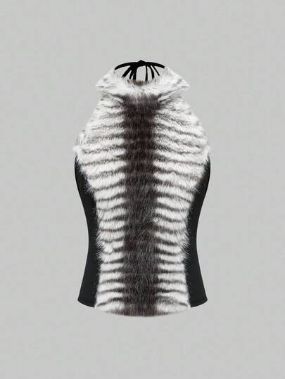 Grunge Punk Y2K Chic Zebra Muster Flauschige Kurze Weste für Frauen